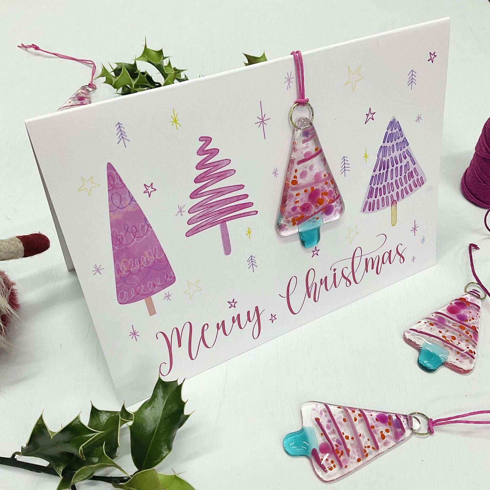christmas card fused glass picnk Christmas tree hanger gift and card in one