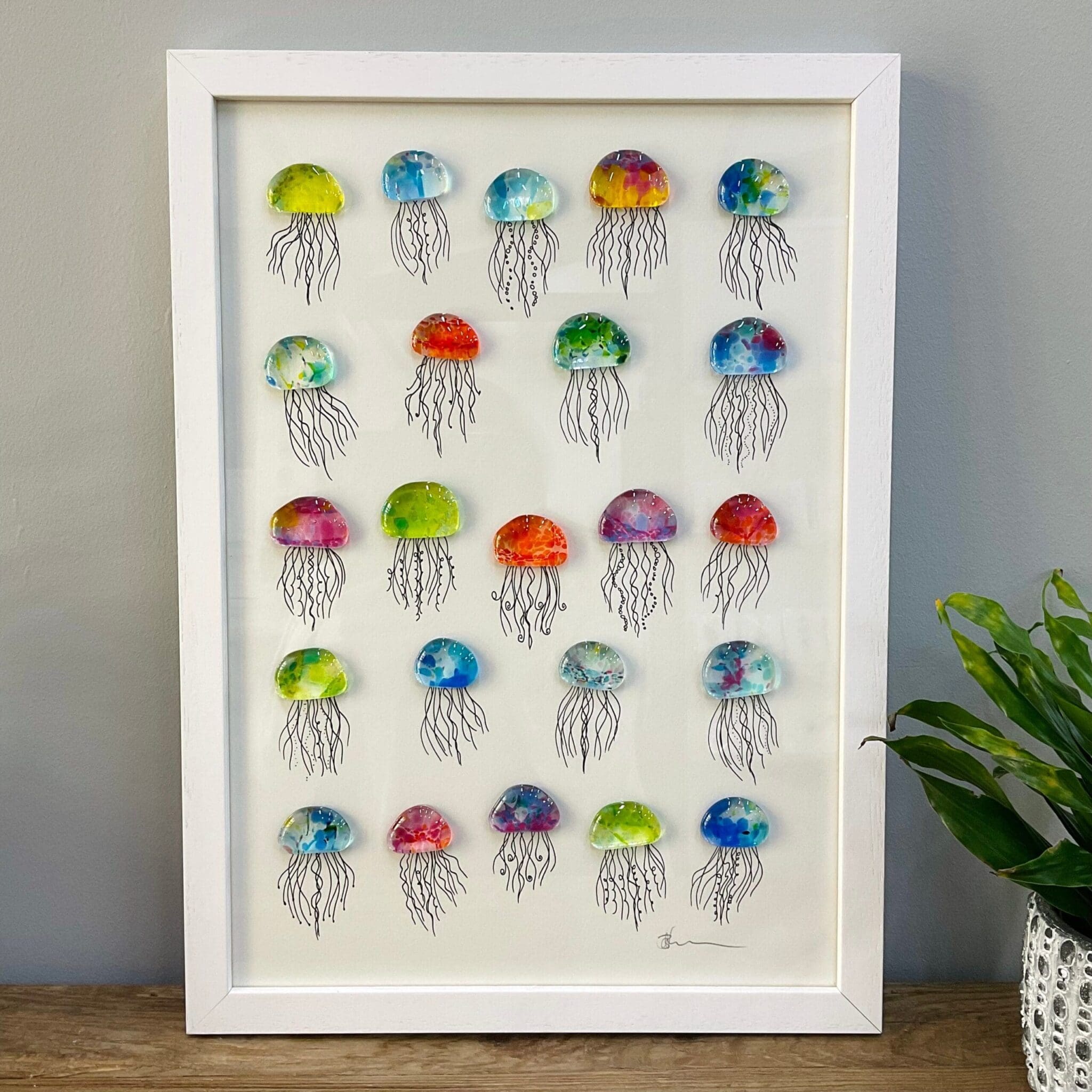 A3 framed fused glass jellyfish multi colours