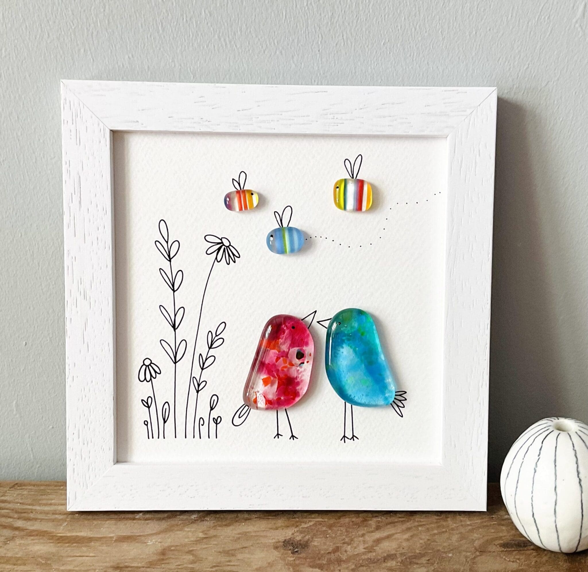 Framed fused glass pink and blue birds with bees Cornwall wall hanging gift