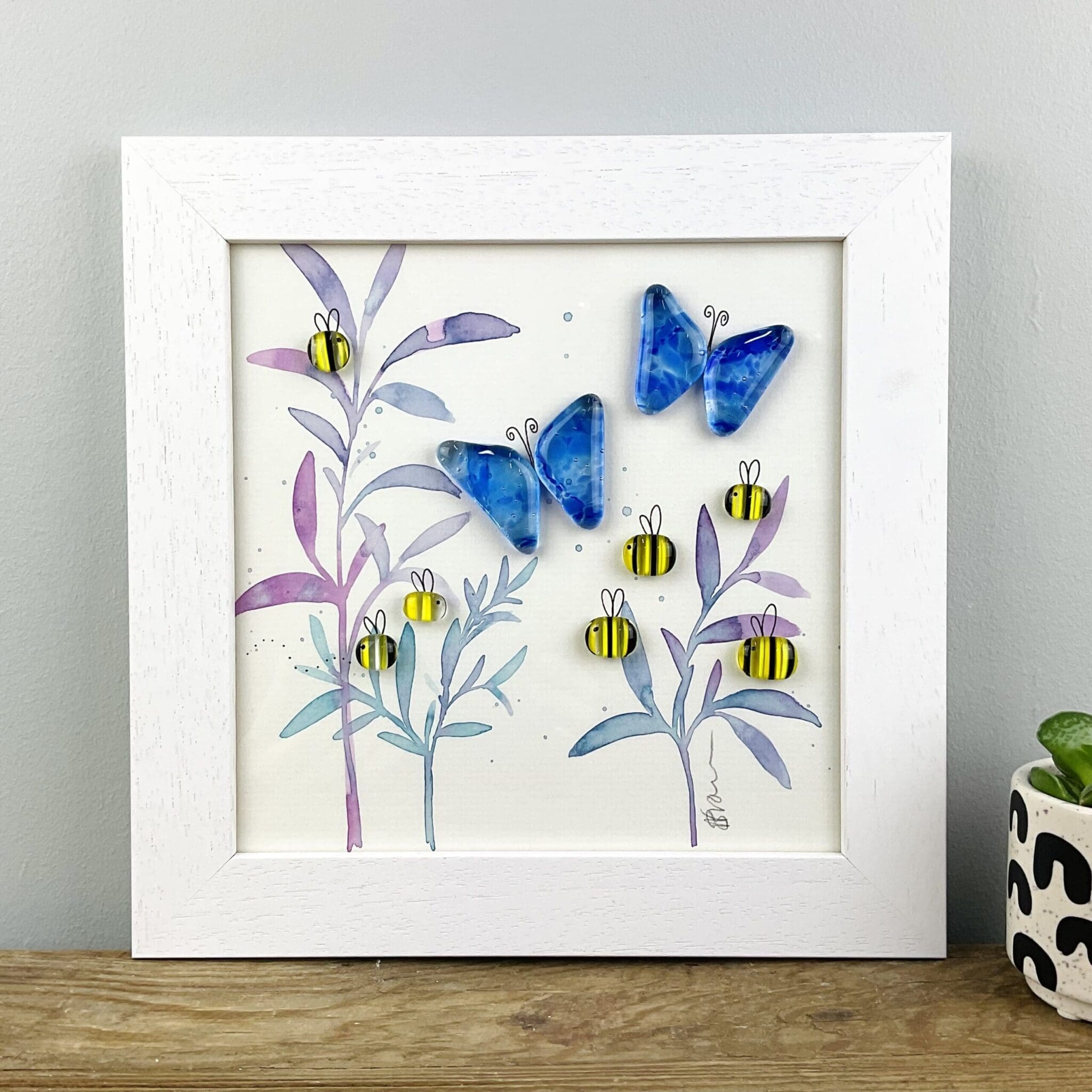 framed fused glass butterfly and bees hand panted acrylics gift