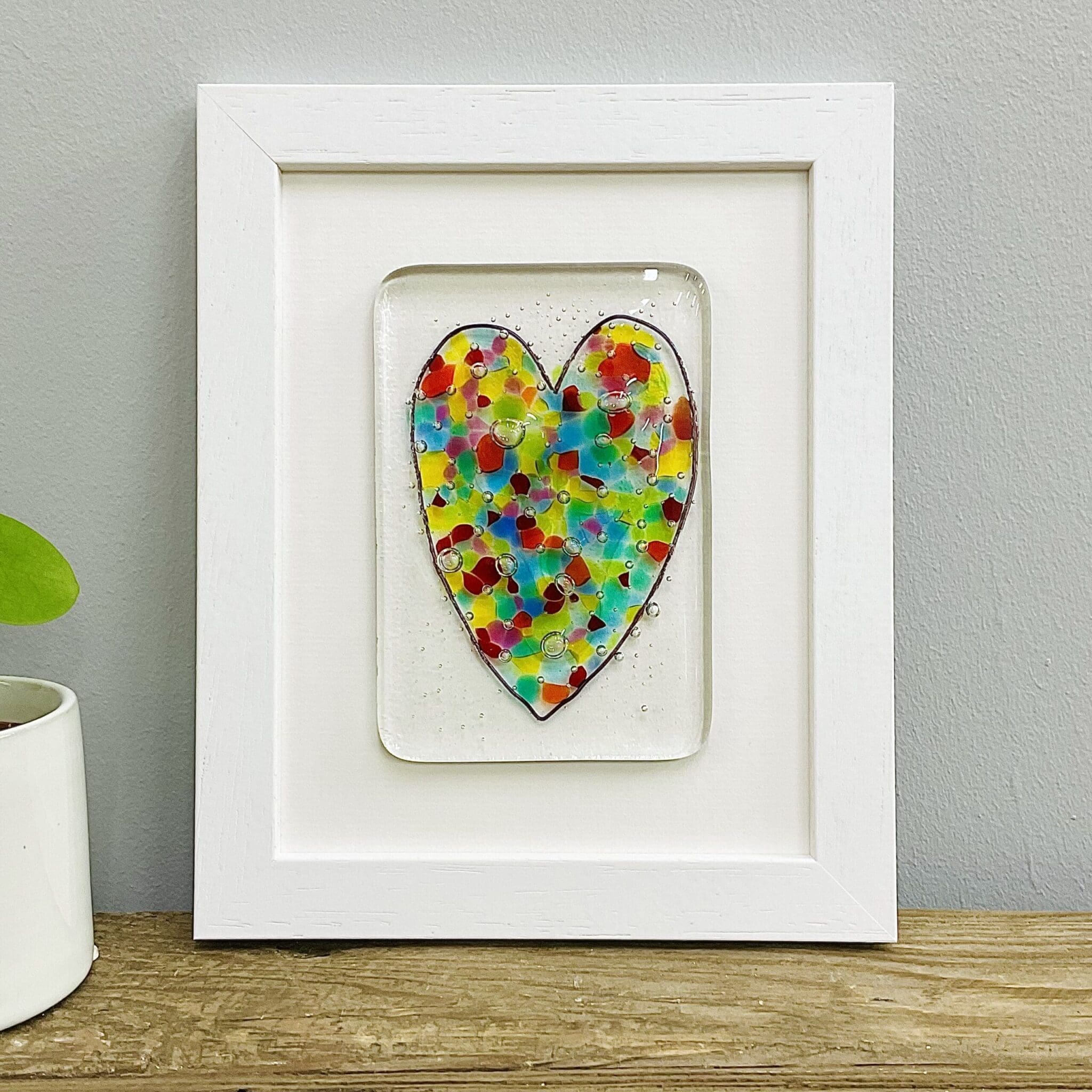 Framed fused glass rainbow heart