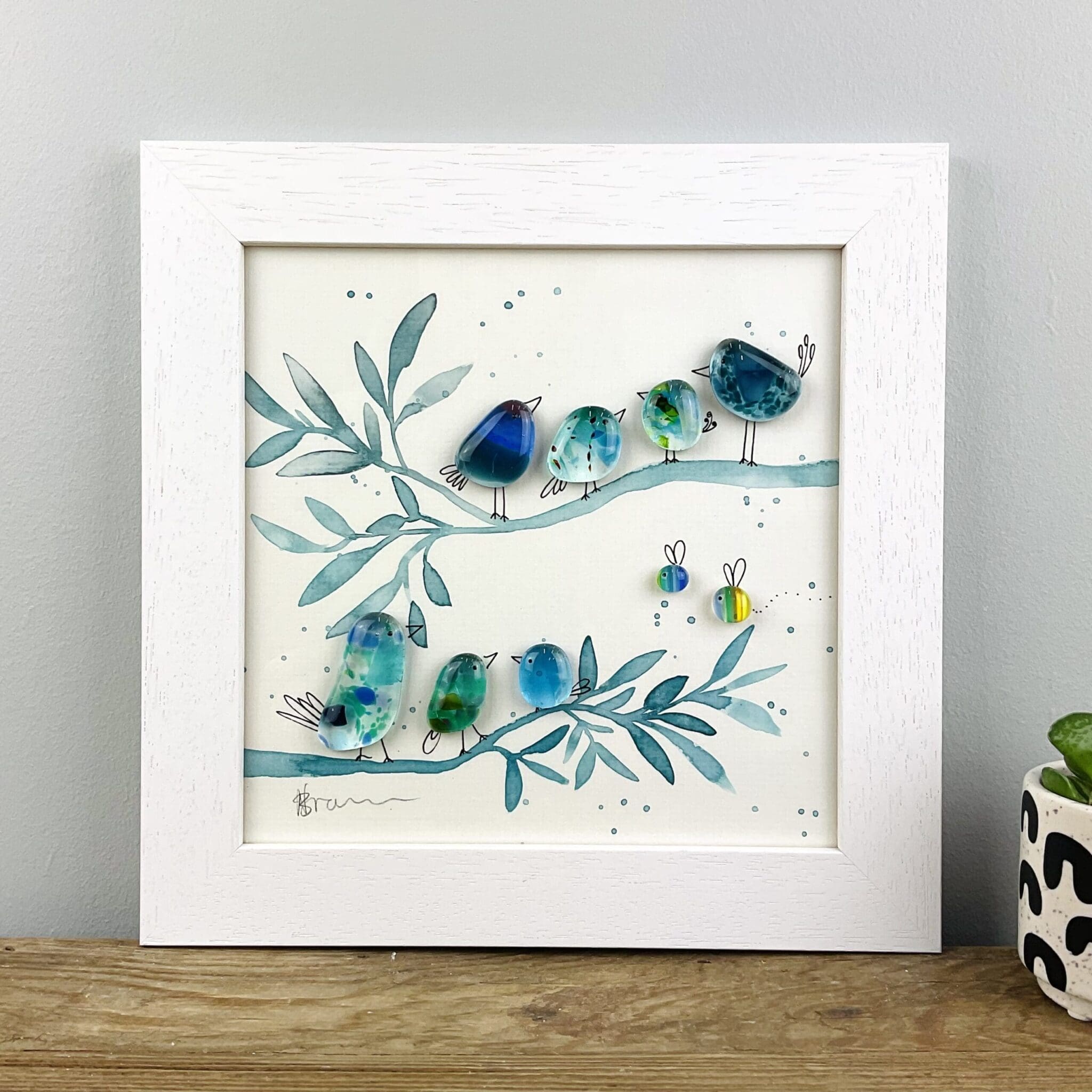 framed fused glass birds with hand painted branch acrylics gift