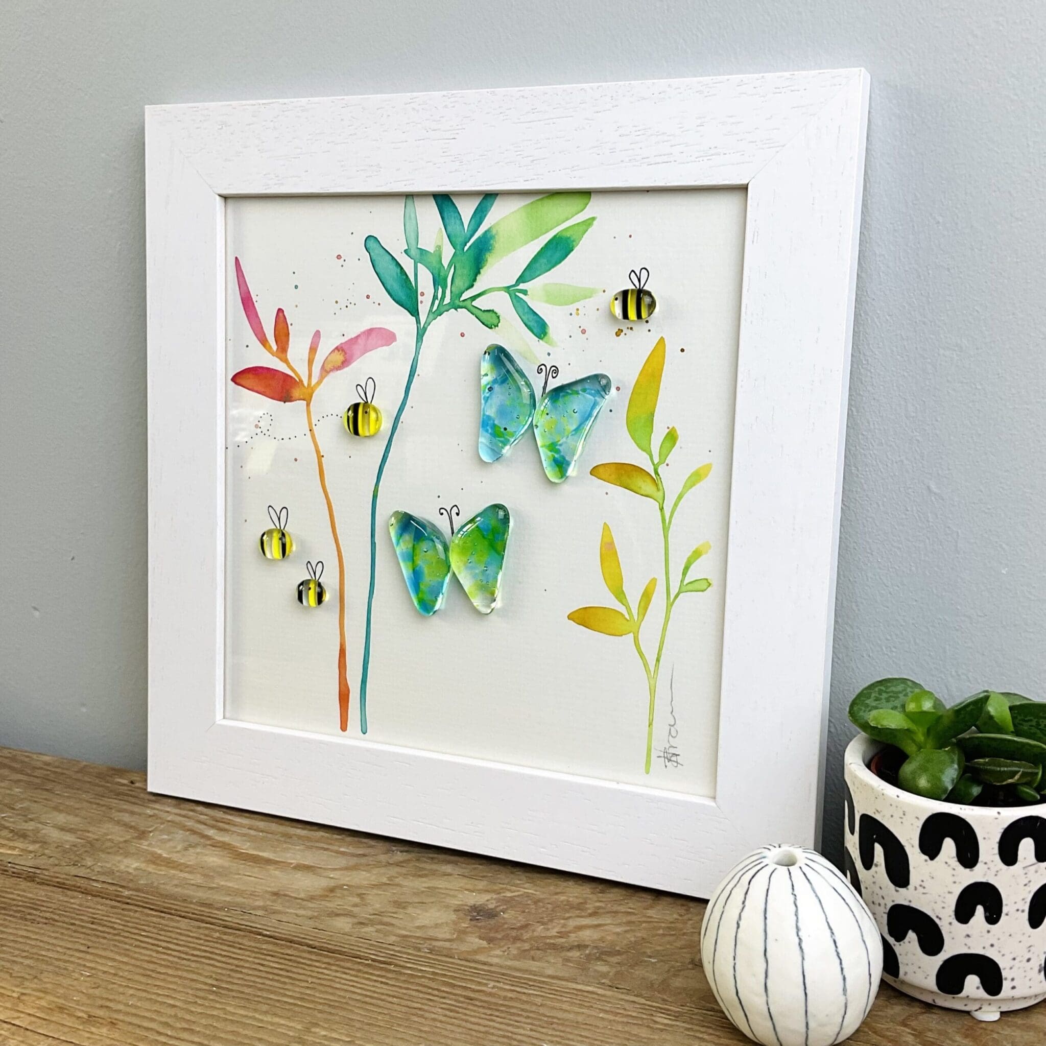 Framed fused glass butterflies and bees picture nursery wall art home decor