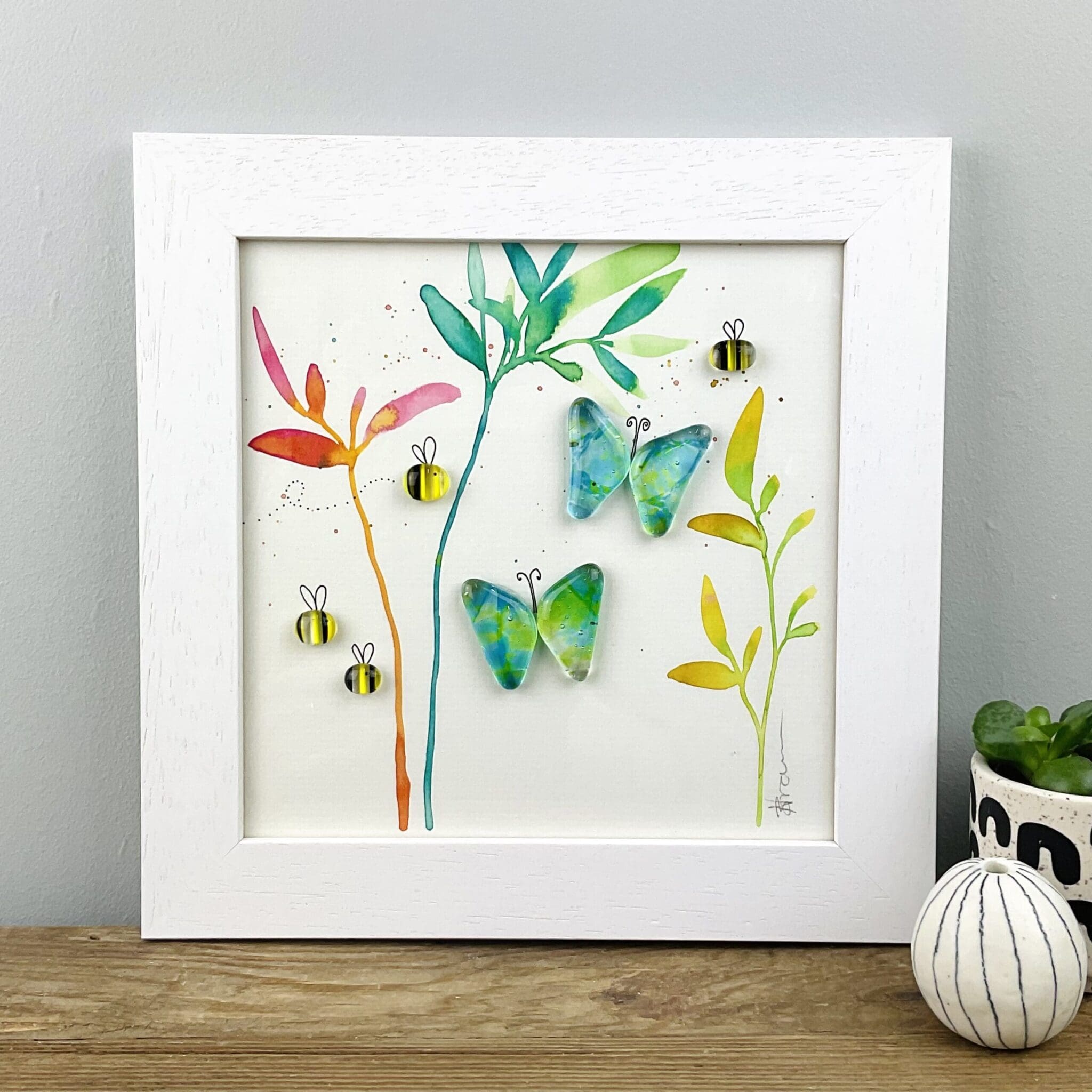 Framed fused glass and painted butterflies and bees picture nursery wall art home decor