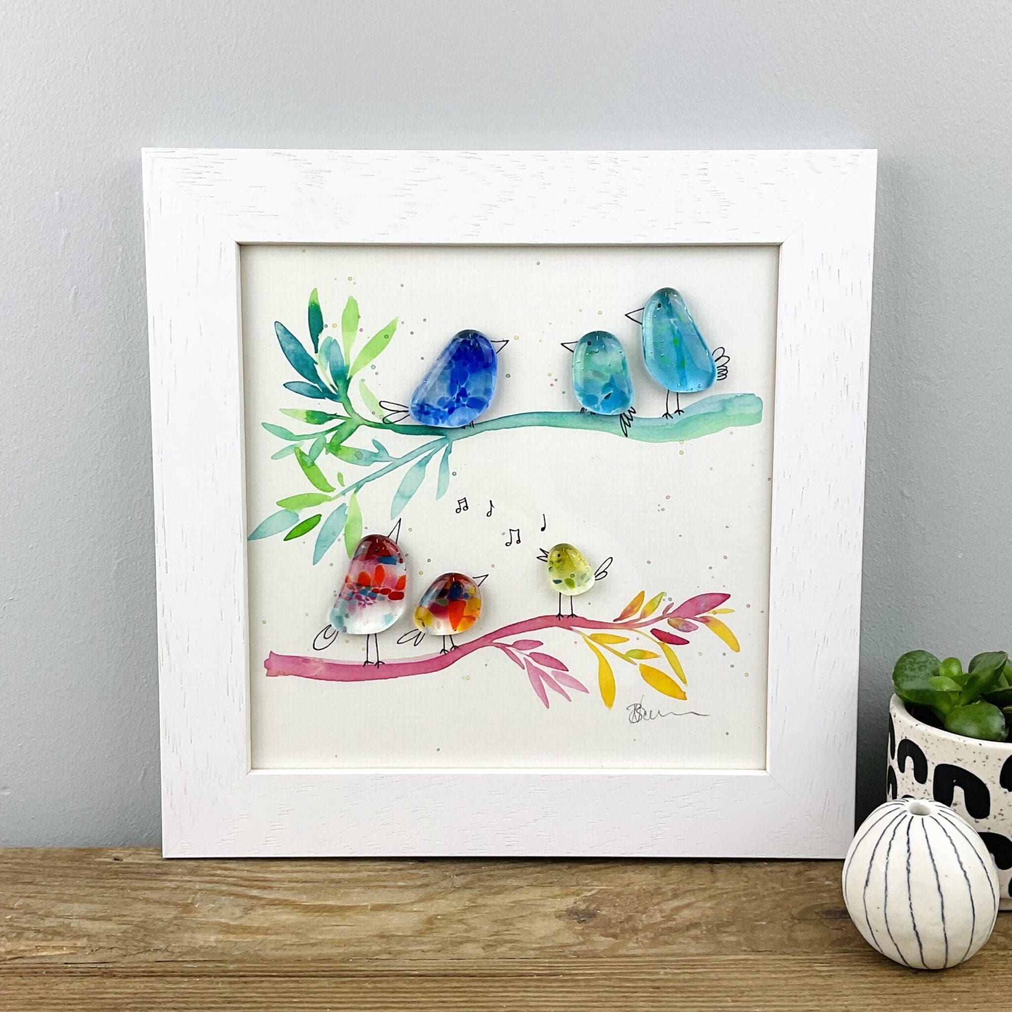 framed fused glass and painting birds coastal cornwall gift