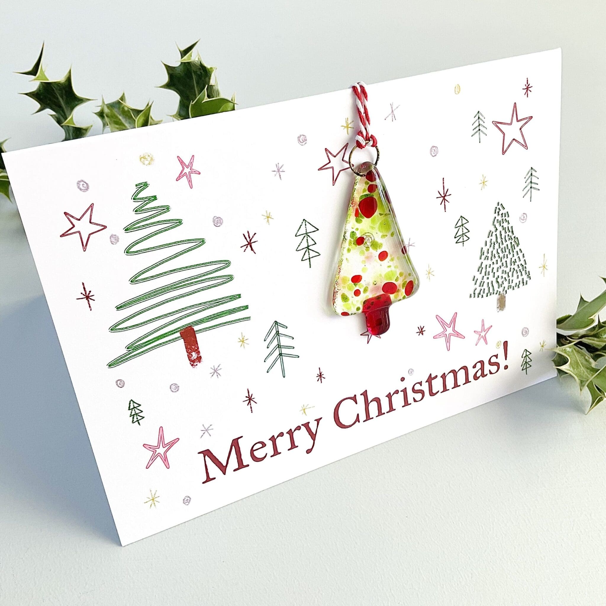 christmas card red and green tree fused glass hanger card and gift in one