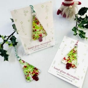 traditional red and green christmas tree hanger fused glass gift