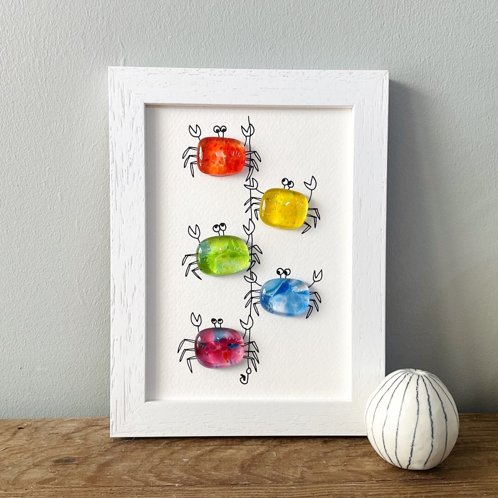 Framed fused glass crabs on a line gone crabbing wall art gift cornwall