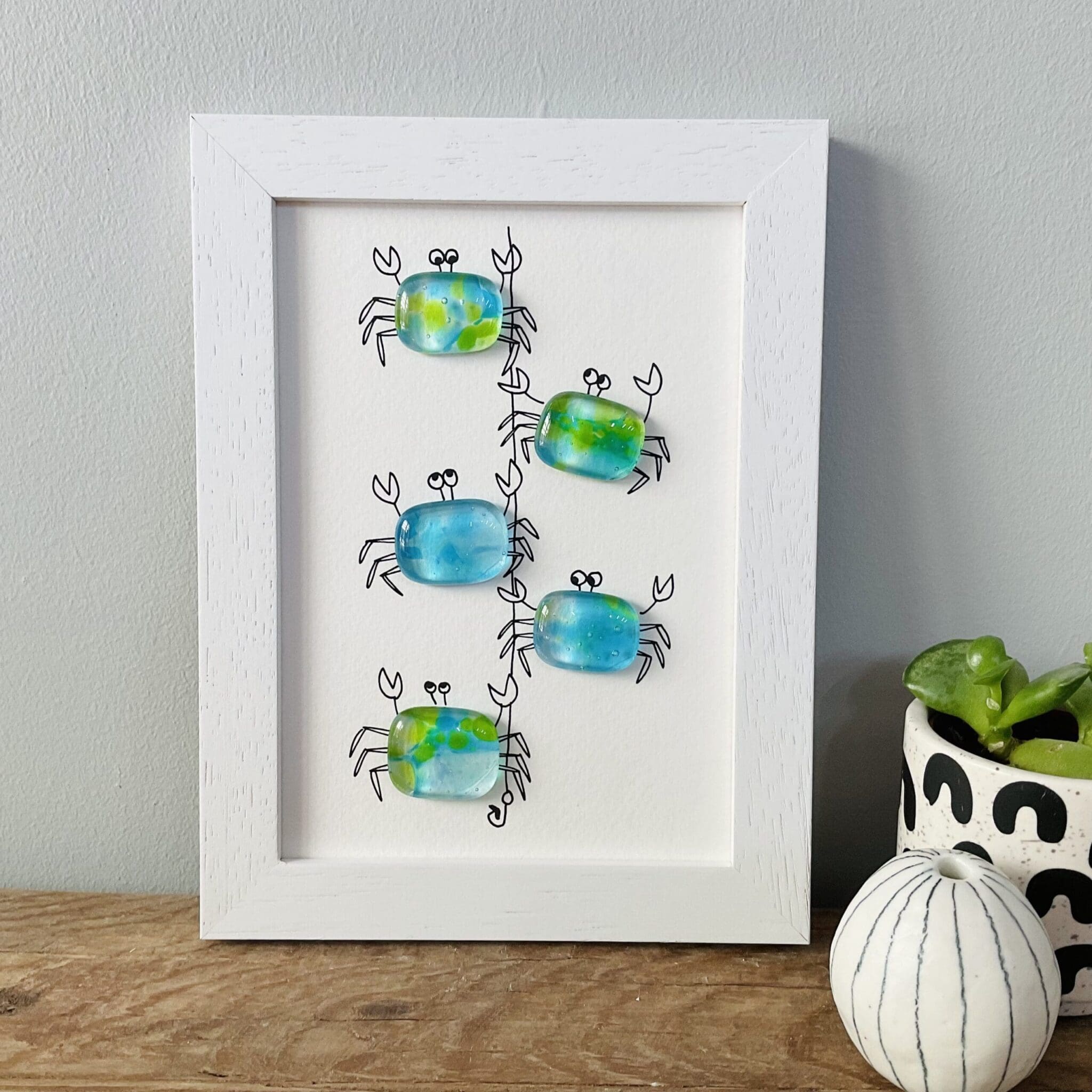 Framed fused glass crab holiday picture Cornwall gift