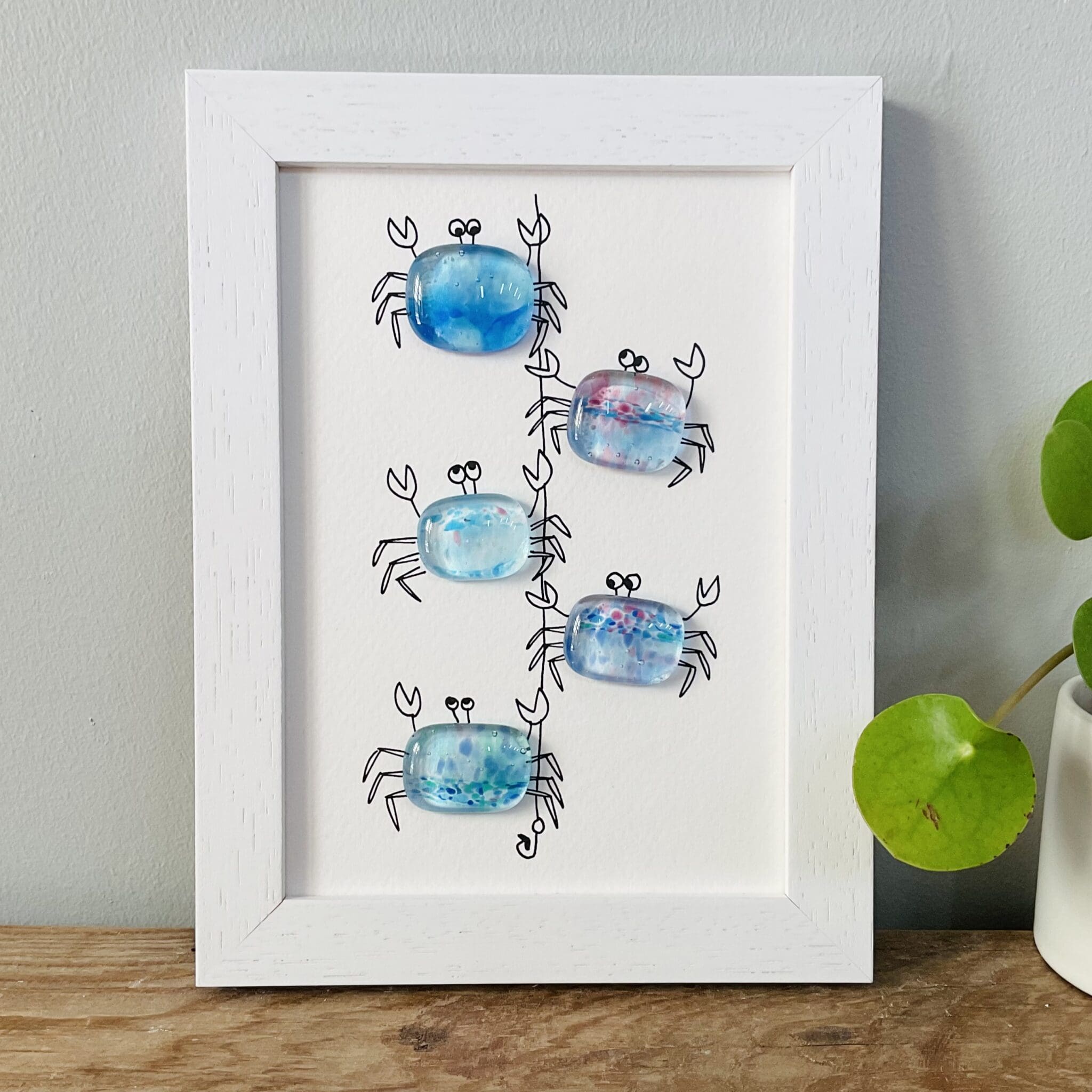 Framed fused glass crabs on a line Cornwall wall art gift