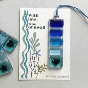 Fused glass Cornwall blues hanger with copper star or heart