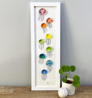 Framed fused glass jellyfish coastal wall art gift cornwall