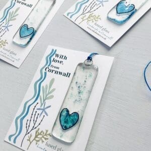 Fused glass hanger blues with love from cornwall