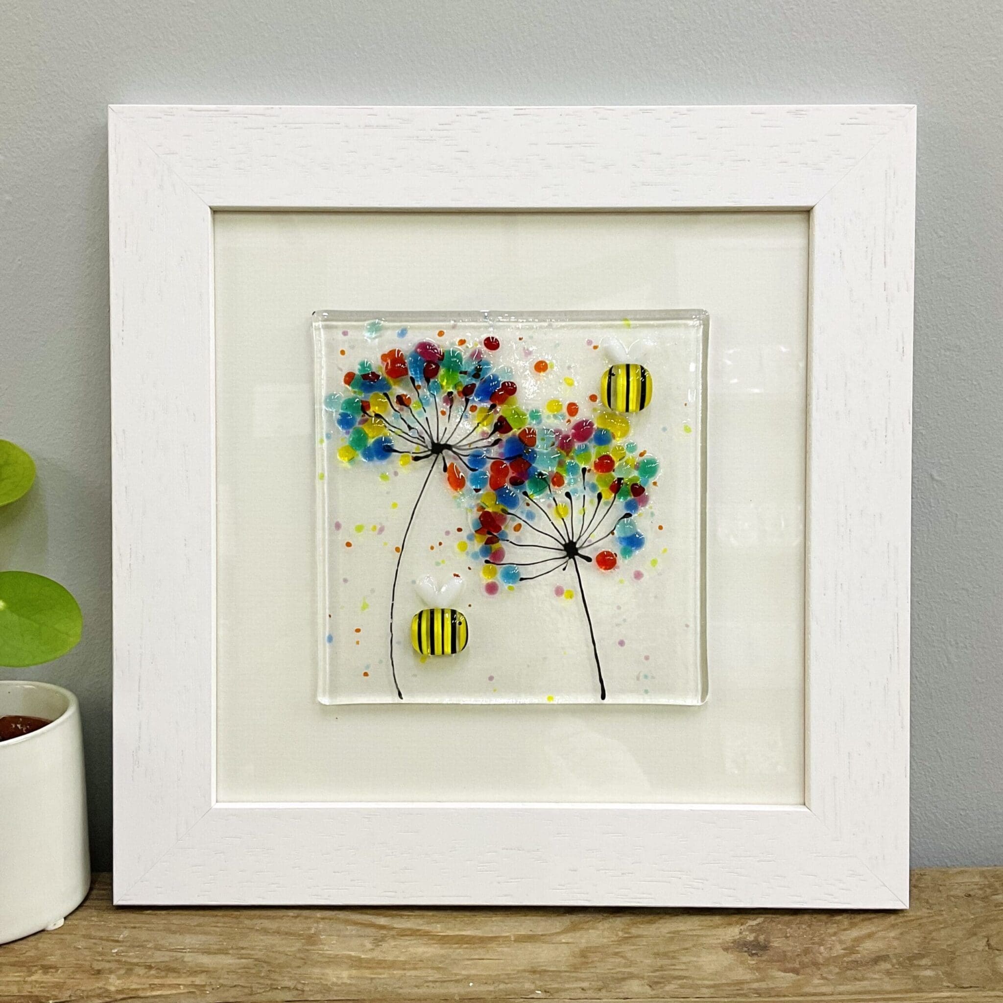 Framed fused glass happy bee and flower on framing glass textured floral home decor