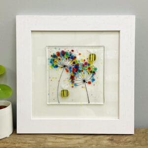Framed fused glass happy bee and flower on framing glass textured floral home decor