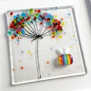 Framed fused glass happy bee and flower, rainbow