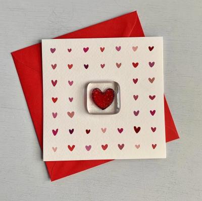 mini red hearts greetings card with fused glass token