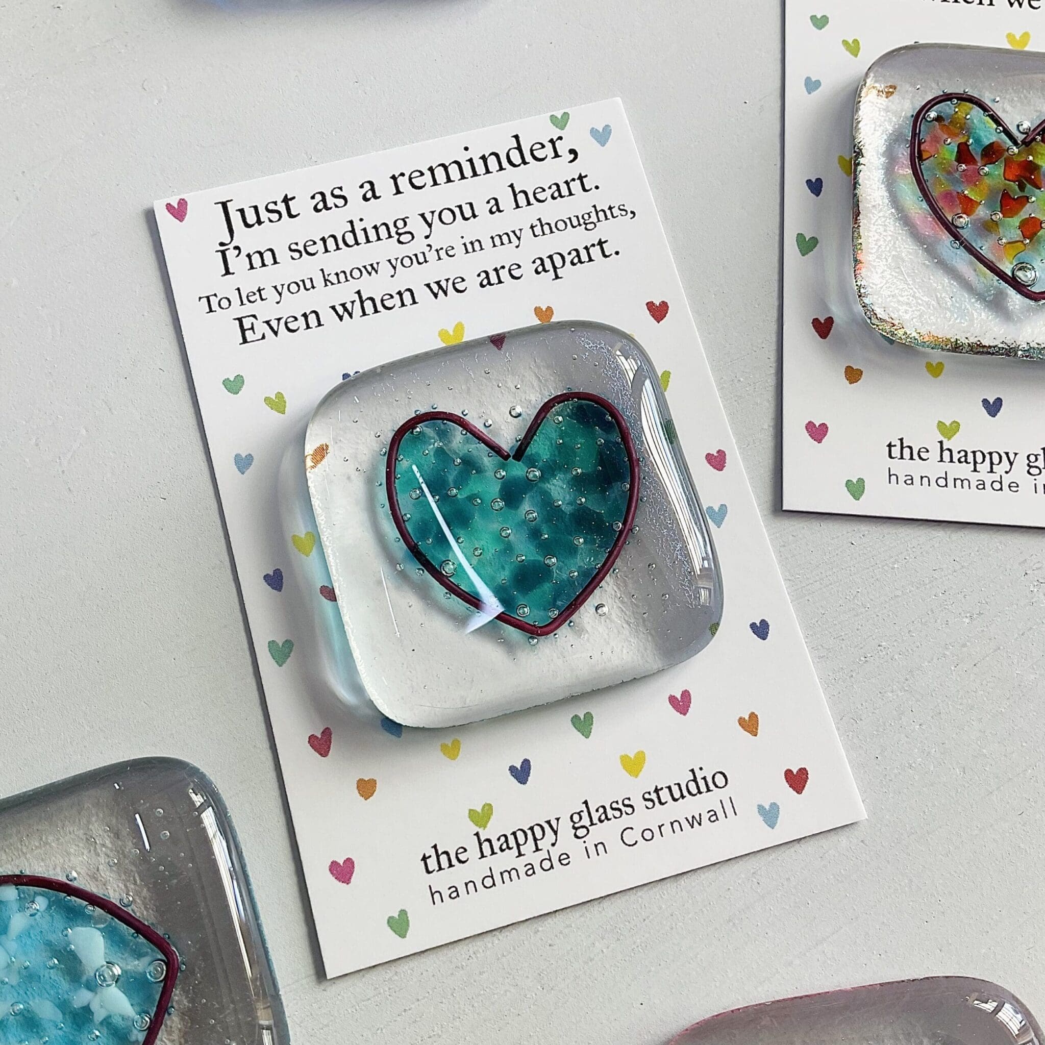 pocket hug just a little reminder fused glass heart token