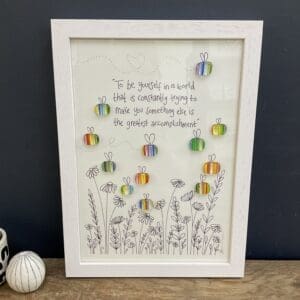 Bee Yourself self care framed fused glass bee on print