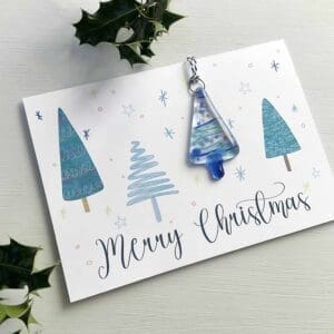 Christmas card with blue fused glass tree