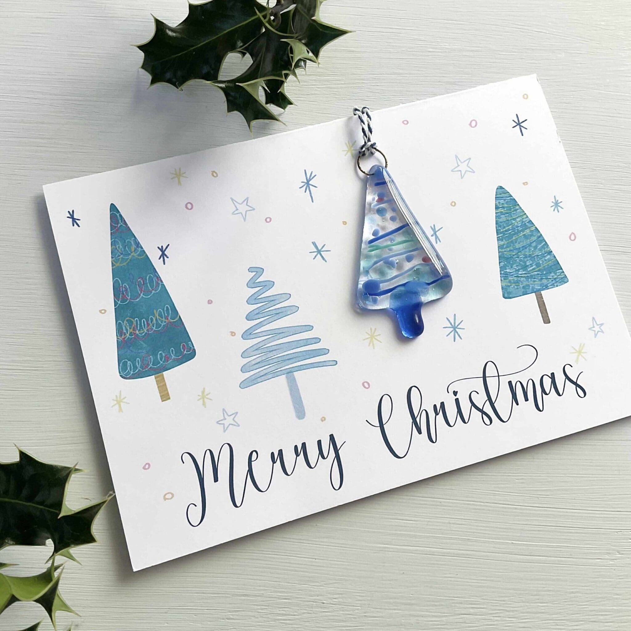 Christmas card with blue fused glass tree