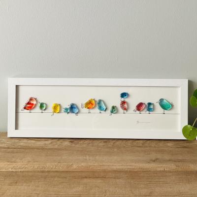 Framed fused glass birds on a line wall hanging gift