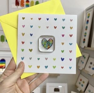 Mini rainbow hearts card with fused glass rainbow pocket token