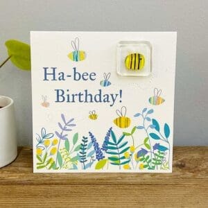 Happy Birthday bee card with fused glass bee token