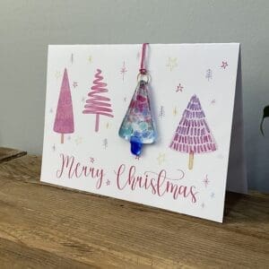 Blue/pink fused glass Christmas tree Christmas card