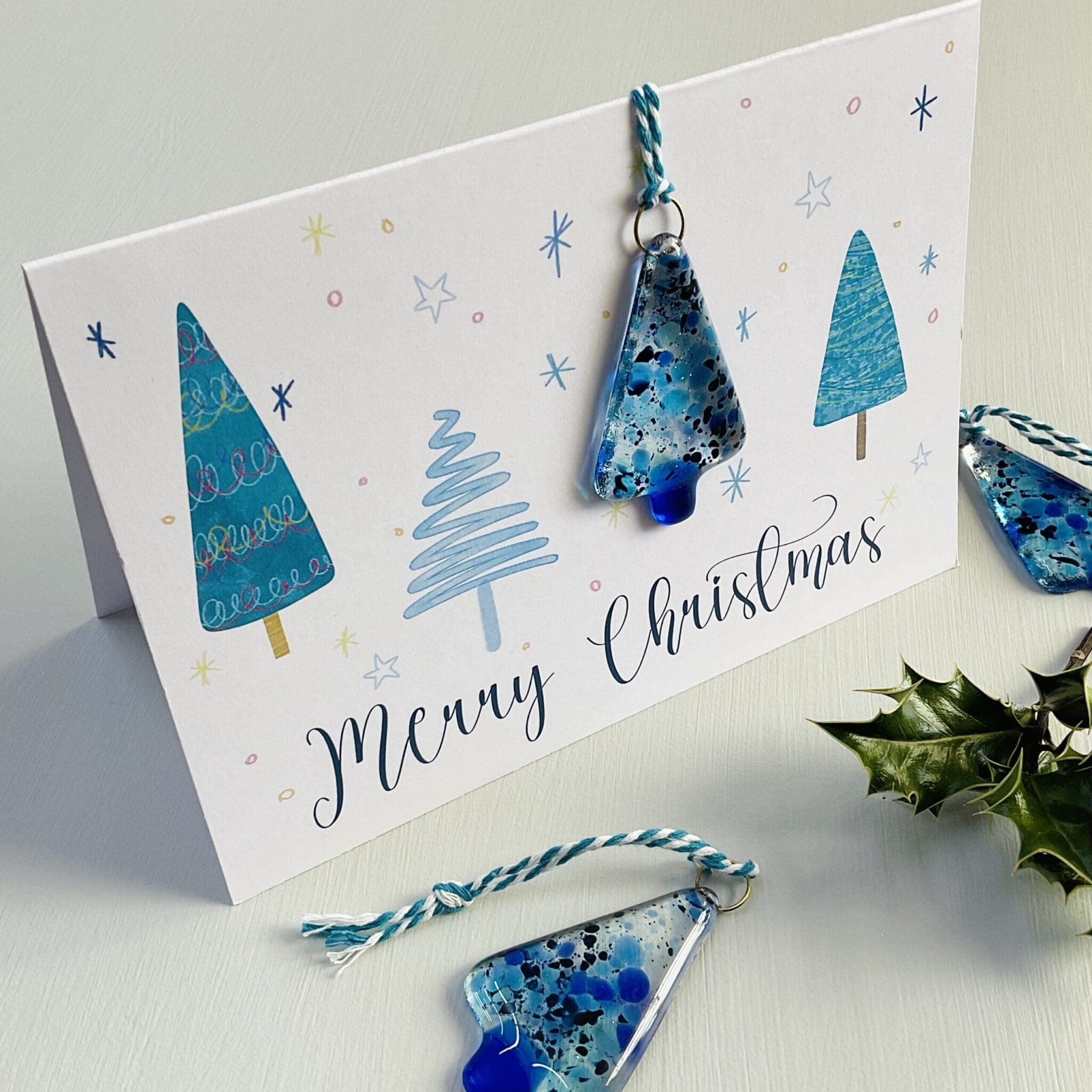sparkle blue christmas card fused glass hanger gift