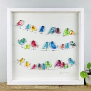Framed fused glass birds on lines picture