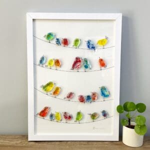 Framed fused glass birds a3 wall hanging gift made In cornwall