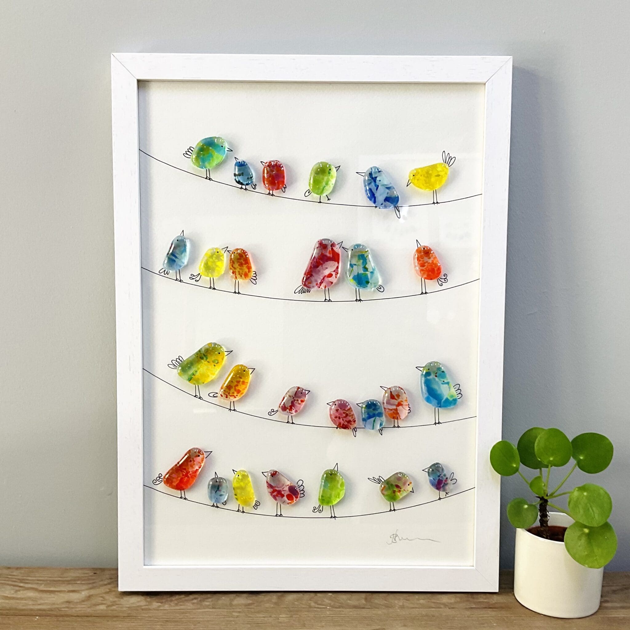 Framed fused glass birds a3 wall hanging gift made In cornwall