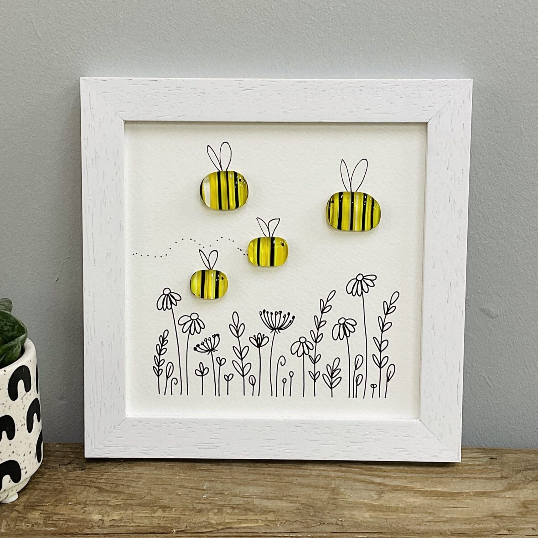 framed fused glass bee pebble picture art home decor wall art