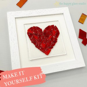 Two framed fused glass hearts make at home kits Valentine's Day, Mother's Day