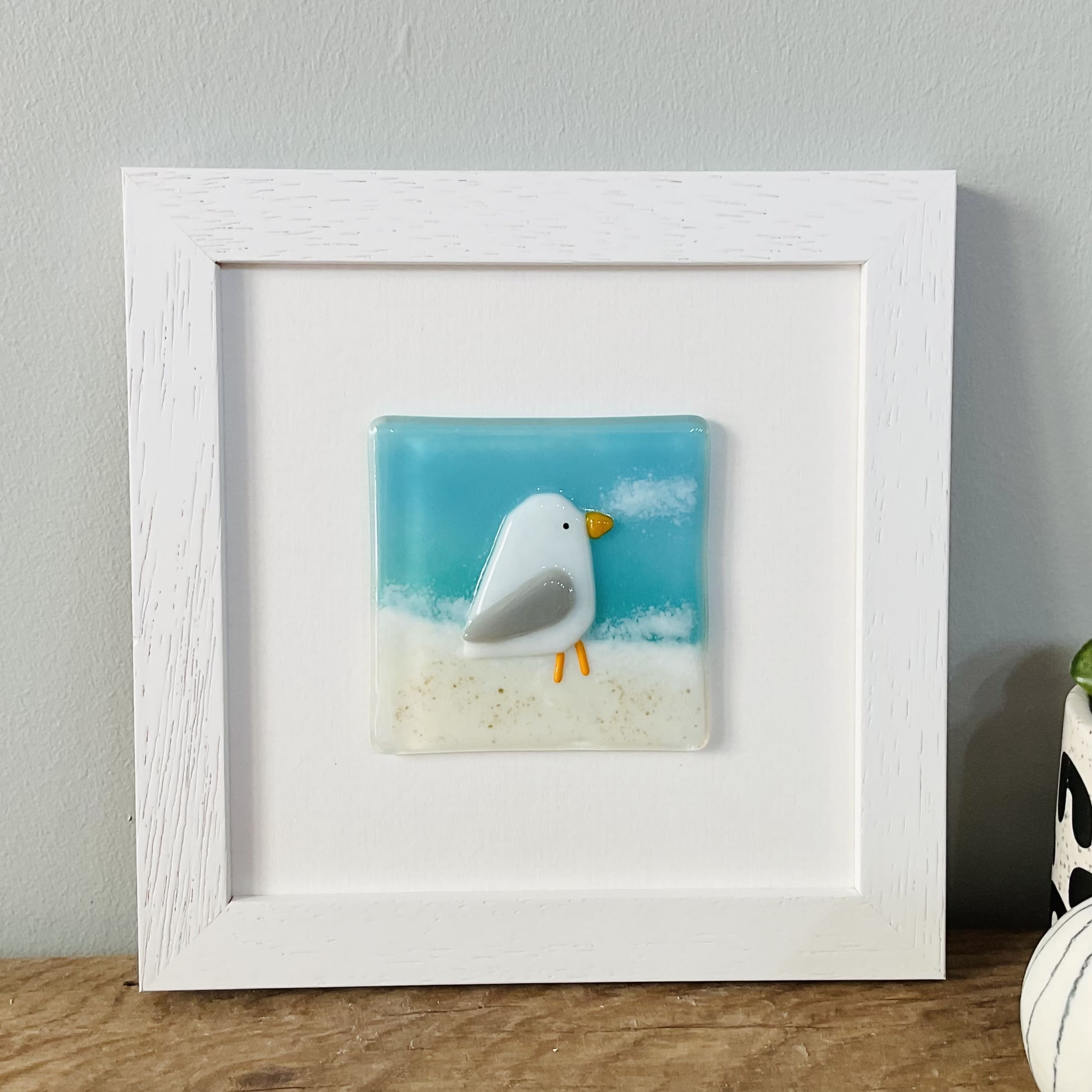 Seagull beach framed fused glass picture Cornwall gift wall hanging