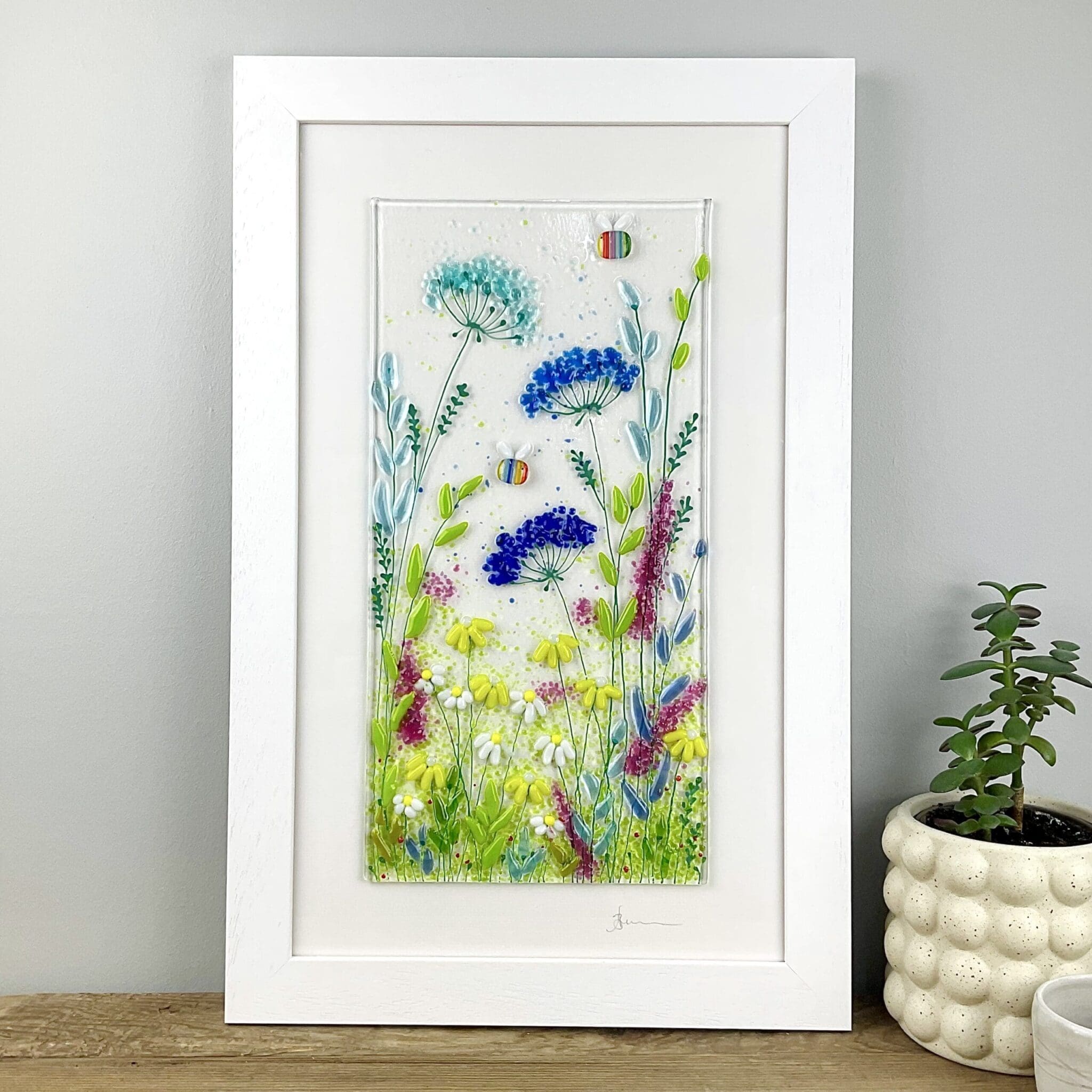 Framed fused glass bee meadow floral picture
