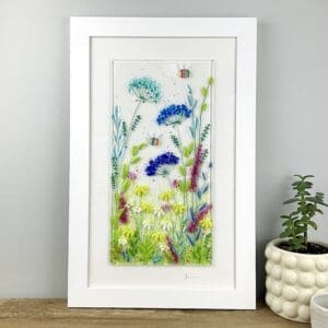 Framed fused glass bee meadow floral picture
