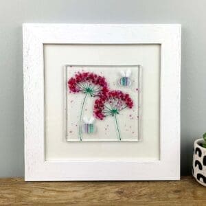pink flower and bees framed fused glass wall art gift