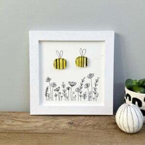 Framed fused glass bee pebble picture wall art nature gift home decor
