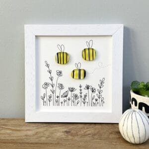 Framed fused glass bee pebble picture wall art nature gift home decor