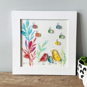 Framed fused glass original painting with bees countryside gift