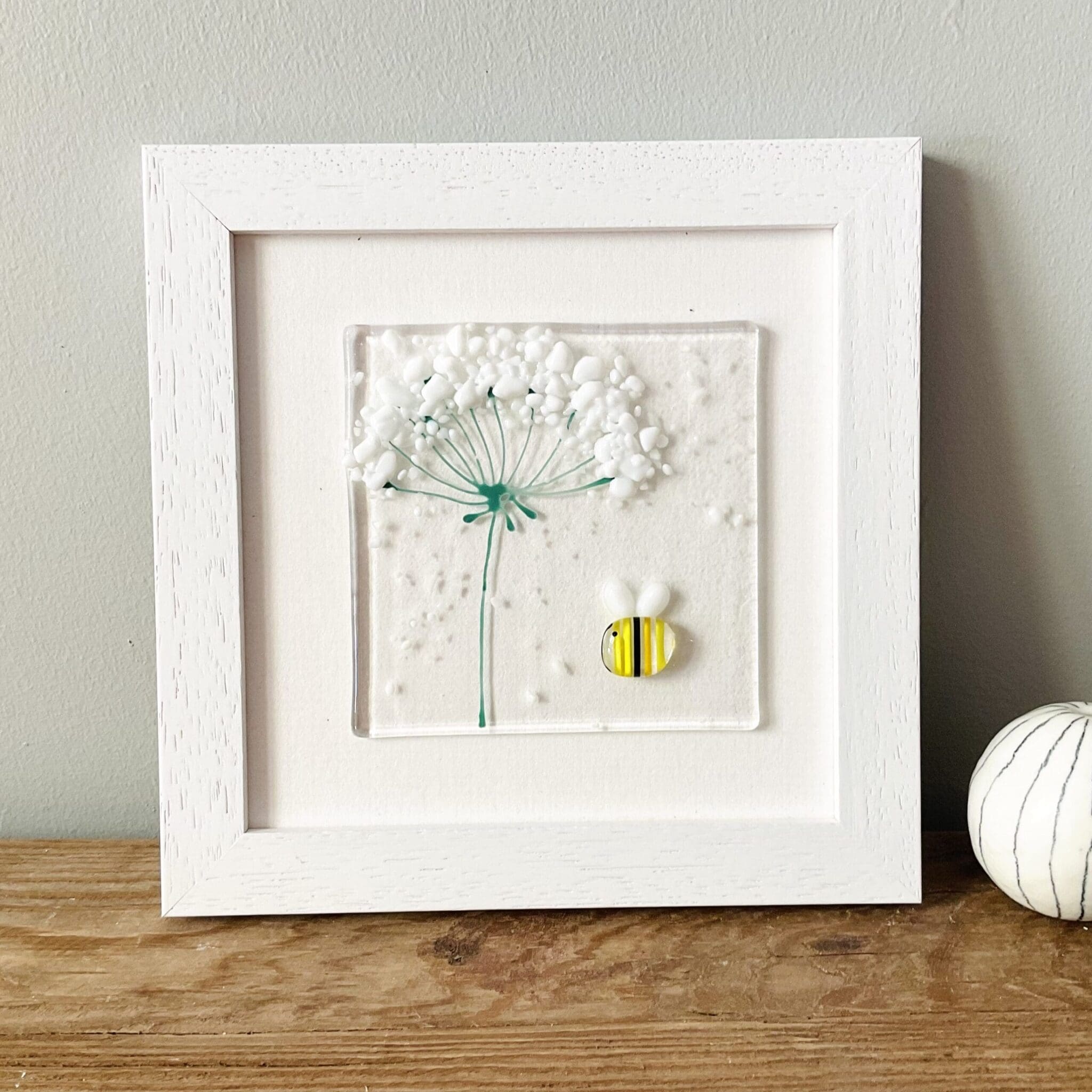 Framed fused glass white flower with bee Cornwall gift