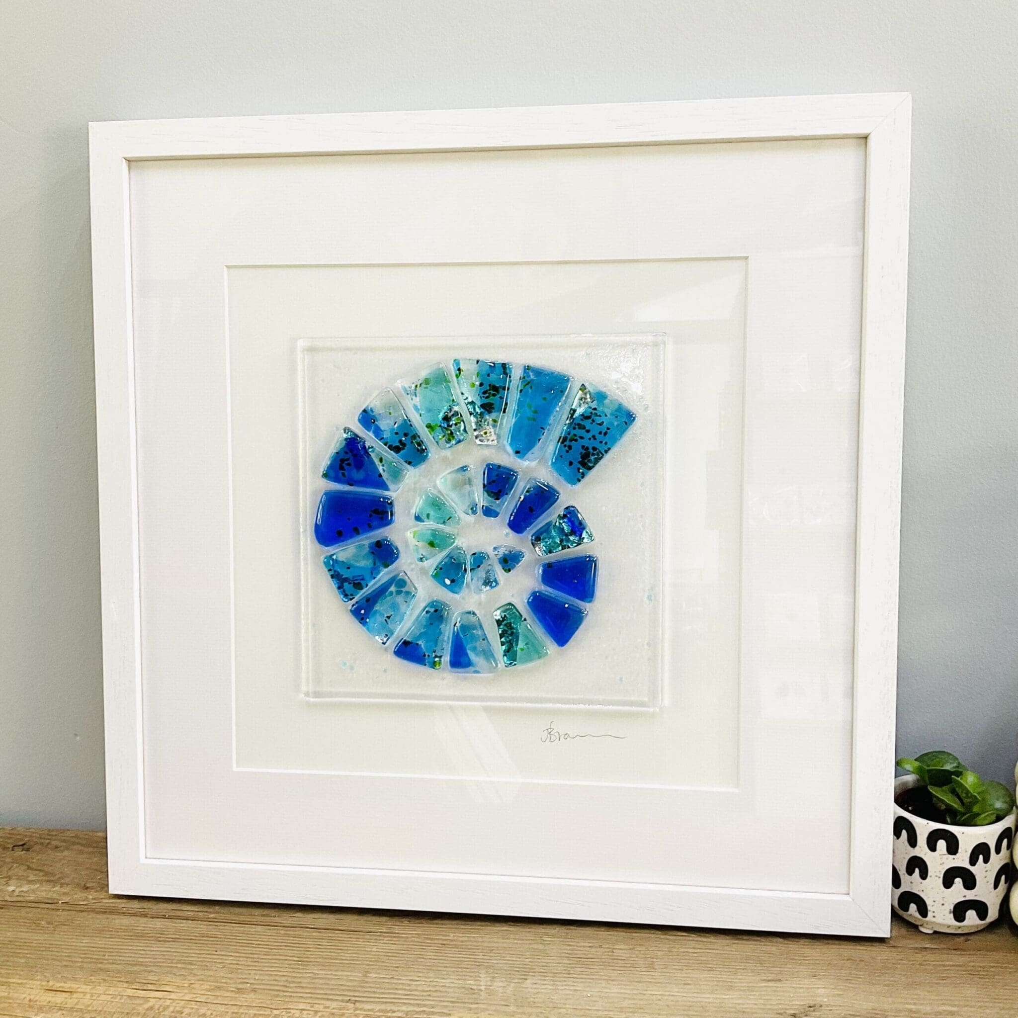 framed fused glass blue ammonite seaside picture fossils