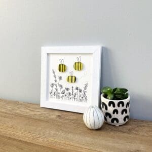 3 bee Framed fused glass bee pebble picture wall art nature gift home decor