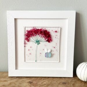 Framed fused glass pink flower and bee Cornwall gift