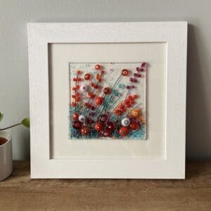 Red fused glass meadow framed fused glass picture gift from cornwall