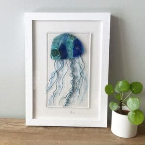 Framed fused glass jellyfish seaside wall hanging Cornwall gift
